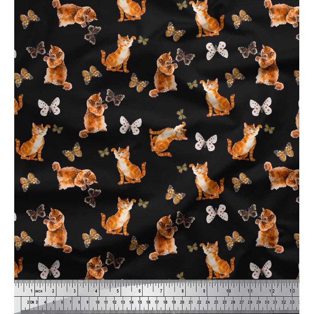 Soimoi Black Cotton Poplin Fabric Insect & Cat Animal Print Sewing Fabric BTY 56 Inch Wide
