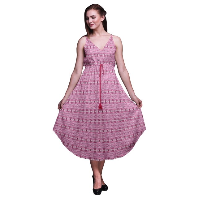 Bimba Robe Midi Imprimée Teinture sur Nœuds pour Femmes Été Col en V Tenue de Vacances-TTG