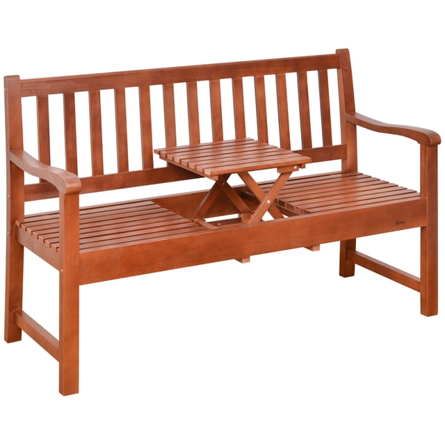 Outsunny Wooden Garden Bench with Pullout Middle Table for Lawn Coffee. This 2-seater bench features a natural poplar wood construction with a coffee finish and an open slatted design for drainage. The middle table can be pulled out for placing drinks and snacks or folded down to create an additional seat. Ideal for gardens, patios, decks, and balconies. Dimensions: 56.75 inches wide, 23.5 inches deep, and 35.5 inches high. Weight capacity: 220 lbs per seat, 55 lbs for the table.