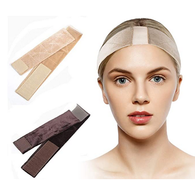 Chainplus 2 Pcs Bande de Prise pour Perruque en Dentelle Velours avec Fermeture Velcro Ajustable, Illustré en Couleurs beige et Brun. Conçu pour Fixer les Perruques et les Foulards en place, Prévenir les Taches Chauves et Éliminer les Maux de Tête. Offre un Ajustement Serré pour le Confort et l'Efficacité.