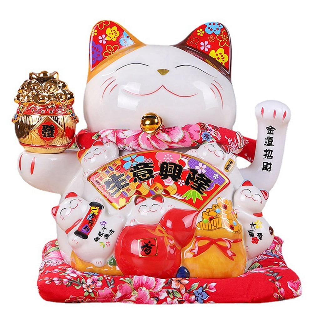 7Inch Ceramic Beckoning Cat Maneki Neko Ornament Feng Shui Decoration Swing Lucky Cat,B