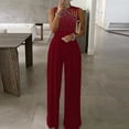 thumbnail image 2 of Pompotops Combinaison Pyjama à Col Licou Unie pour Femmes, Décontractée, Pantalon à Jambe Grand, 2 of 5
