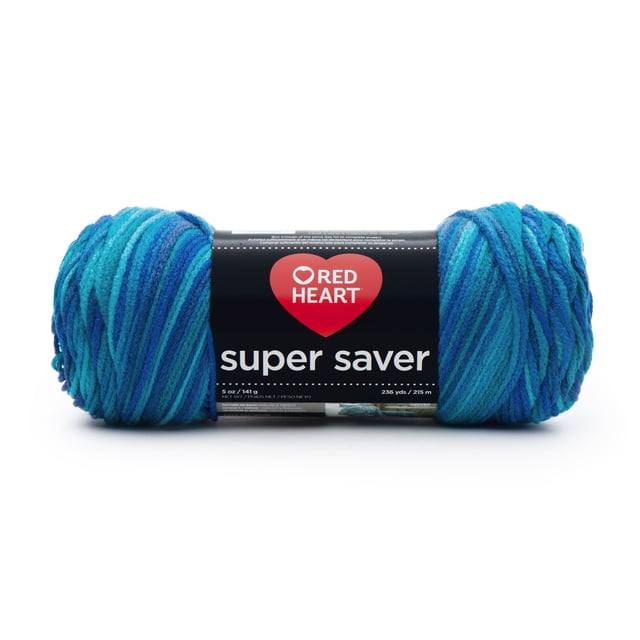 Red Heart® Super Saver® Fil, Imprimés, Acrylique #4 Moyen, 5oz/142g, 236 Yards, Écheveau de Fil Acrylique Bleu Panaché dans des Teintes turquoise et Marine avec Étiquette Noire Présentant le logo Cœur Rouge et un Texte Blanc, Idéal pour des Projets Durables de Tricot et de Crochet et Souvent Utilisé pour l'Artisanat d'Articles de Déco Maison.