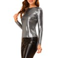 thumbnail image 4 of INSPIRE CHIC Haut Brillant pour Femme Manches Longues Col Rond Coupe Régulière Blouse de Soirée Scintillante L Noir Argent, 4 of 8