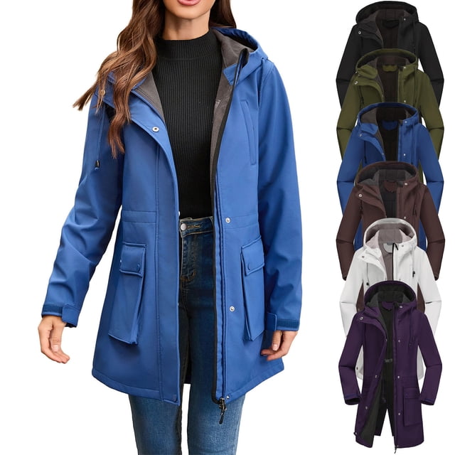 Sentmoon Winter Coats Plus Size Hooded Neck Long Sleeve Women Jacket Winter Zipper Solid Color Windproof Waterproof Fall Clothes Women with Pockets Fall and Winter for Climbing and Hiking