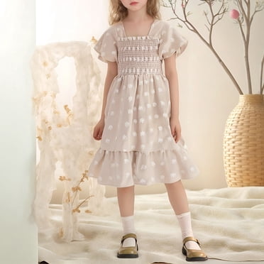 Robe pour Préadolescente à Manches Volantées, Robes d'Été pour Filles, Robe Trapèze à Étages, Robe Évasée Smockée pour Filles, Robe pour Occasions Spéciales
