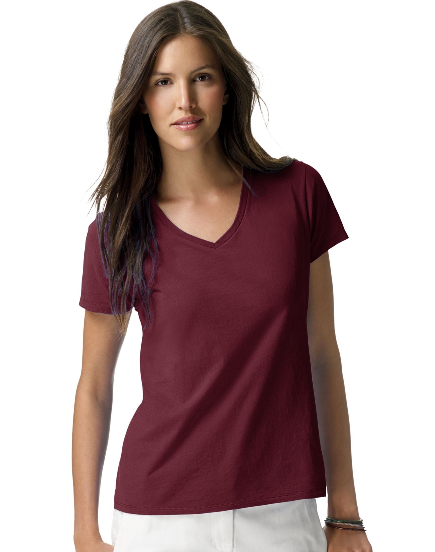 Hanes Womens Nano-T V-Neck T-Shirt, S, Maroon