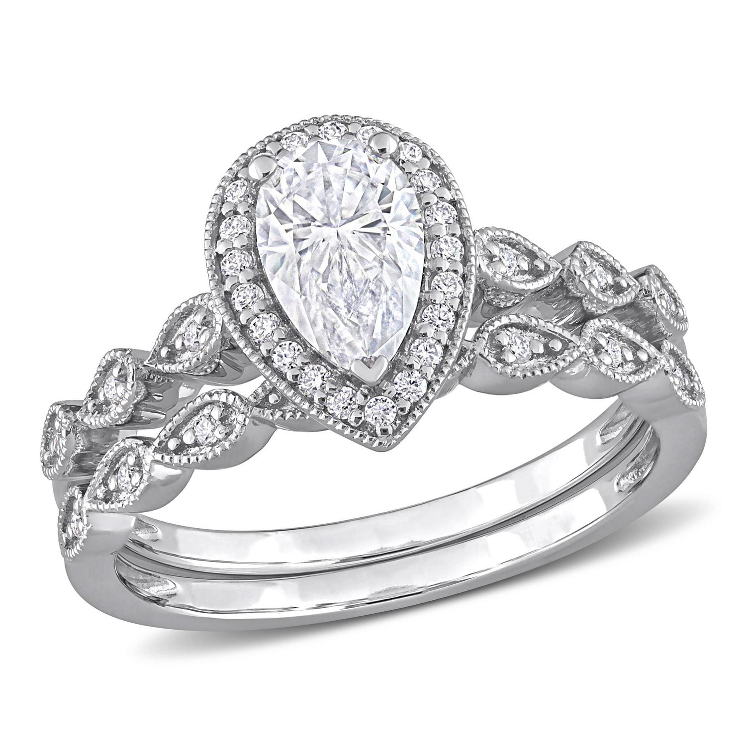 Ensemble de bagues mariée Miabella empilable Poire Halo avec 1-1/6 Carat PPT Moissanite Créé en Argent Sterling