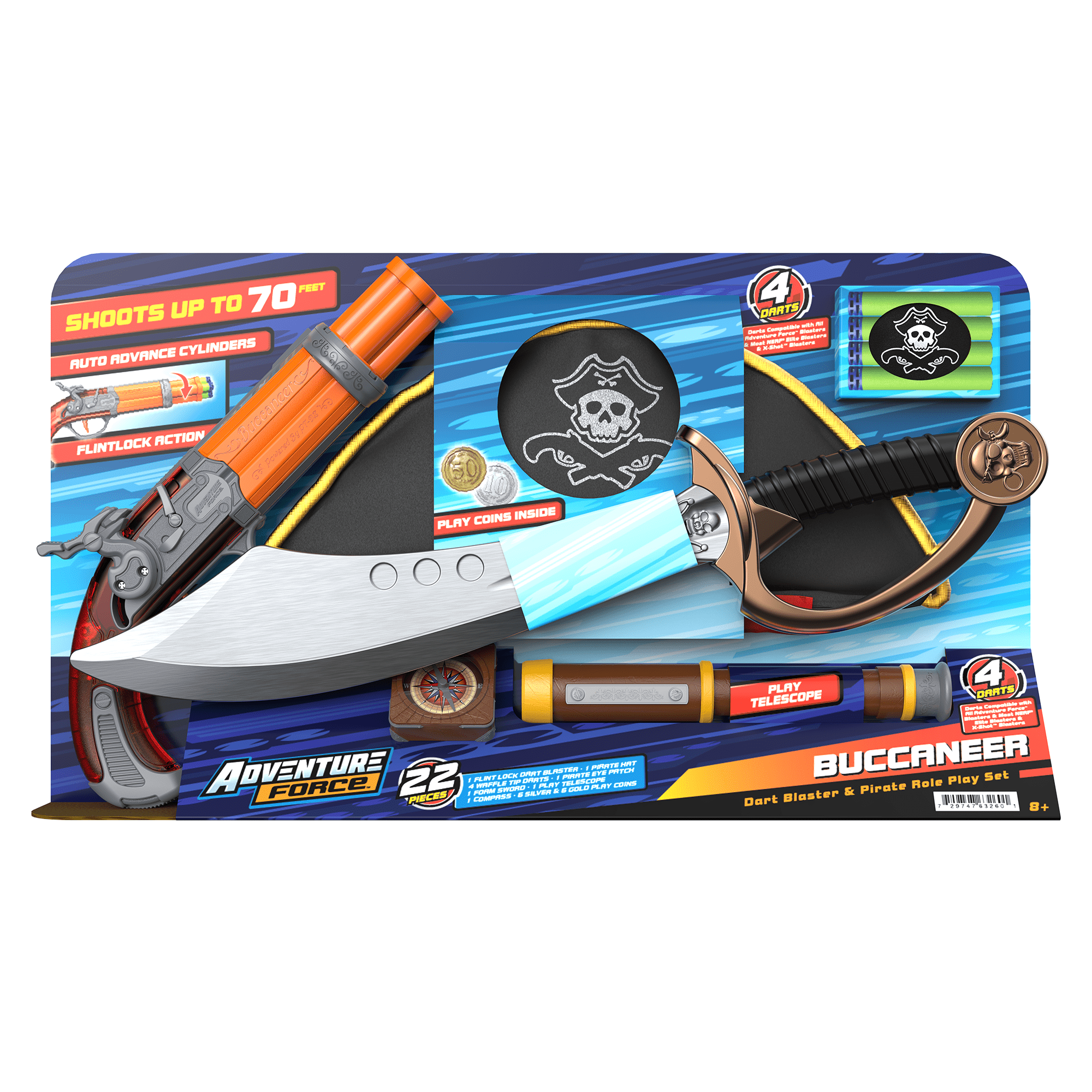 Adventure Force Pirate Roleplay Set – Ensemble de jeu de rôle Pirate Buccaneer avec lanceur de fléchettes, ensemble de 12 pièces