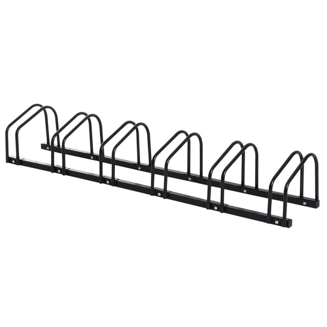 HOMCOM 6-Bike Bicycle Floor Parking Rack cycling storage stand in black, made from heavy duty steel with rust-proof powder coating, featuring six arched slots for bike tires, suitable for floor or wall mounting to organize bikes in garages, sheds, or workplaces, also ideal for storing scooters or similar wheeled equipment.