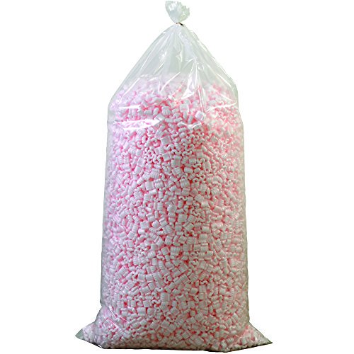 Ship Now Supply SN7NUTSAS Anti-Static Loose Fill Packing Peanuts, 7 cubic feet, pink. A large, transparent plastic bag filled with pink anti-static packing peanuts. Designed for moving and shipping supplies, these peanuts have an interlocking shape to prevent settling and provide cushioning for contents. Ideal for void fill in packaging.