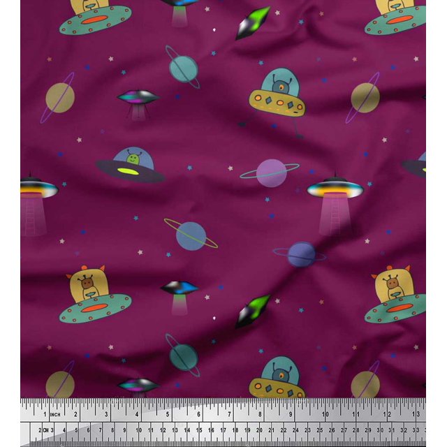 Soimoi Rayon Fabric Planet,Animal & Spaceship Cartoon Print Fabric by The Yard 56 Inch Wide