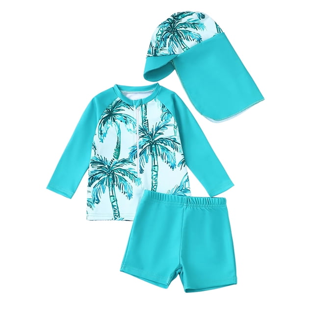 TOOYOU Baby Boys Swimsuit Swimwear Set Tropical Print Swim Trunks Rash Guard Hat 3 Piece Outfit For Beach Pool Practical And Durable Bathing Suit For Child Size 3-6 Months,Sky Blue
