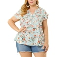 thumbnail image 1 of Agnes Orinda Hauts pour Femmes Grande Taille Rétro à Fleurs Col en V à Étages Manches Courtes Blouses 1X Bleu Pâle, 1 of 7