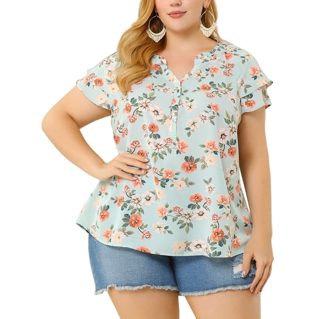 Agnes Orinda Hauts pour Femmes Grande Taille Rétro à Fleurs Col en V à Étages Manches Courtes Blouses 1X Bleu Pâle