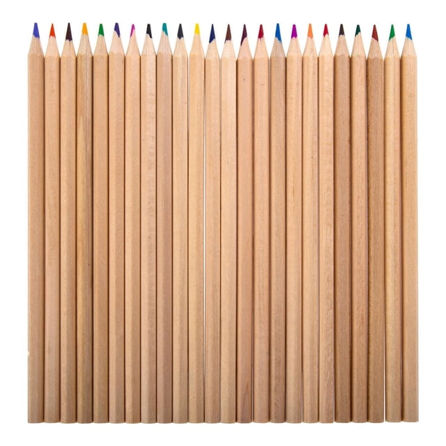 Time 4 Crafts 24-pc Premium Quality Colouring Pencil Set with 24 sharpened wooden pencils in natural finish, featuring brightly coloured cores including red, blue, green, yellow, purple, and orange, suitable for blending, shading, and detailed art projects, often used in various art supplies collections.
