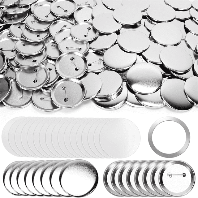 80 sets of 58mm/2.25-inch metal button parts supplies for button machines, featuring silver metal top covers, pin back covers, round transparent films, and a gasket. Perfect for creating wearable badges, name tags, souvenirs, and personalized gifts, compatible with most button-making machines.