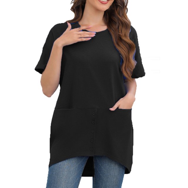 FAIWAD Women's Summer Plus Size Tops Short Sleeve Round Neck Tunic Tops Irregular Hem Tops with Pockets