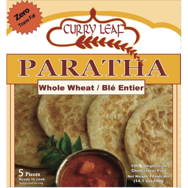 Curry Leaf Whole Wheat Paratha package showing five round, golden-brown frozen layered flatbreads with curry leaves and a bowl of red curry sauce, labeled zero trans fat, 100% vegetarian, cholesterol free, 400g (14.1 oz), ready to cook, often used for quick frozen bakery meals.