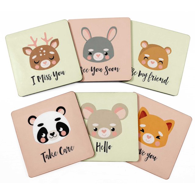 Inkdotpot Ensemble de 6 sous-Verres à Boisson Faciles à Nettoyer Base en Liège Carrée de 4 Pouces - Réutilisable - Animaux pour Bébé