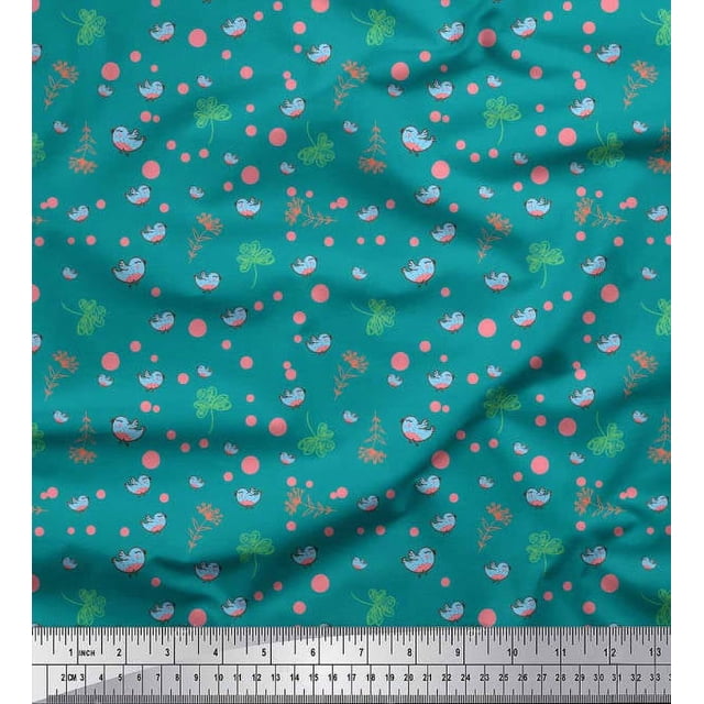 Soimoi Rayon Fabric Dot,Leaves & Bird Cartoon Fabric Prints by Yard 42 Inch Wide