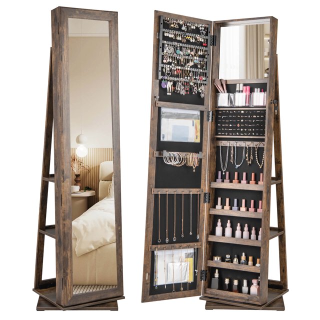 Costway 360° Swivel Jewelry Armoire with Full-Length Mirror Rear Shelves Makeup Mirror