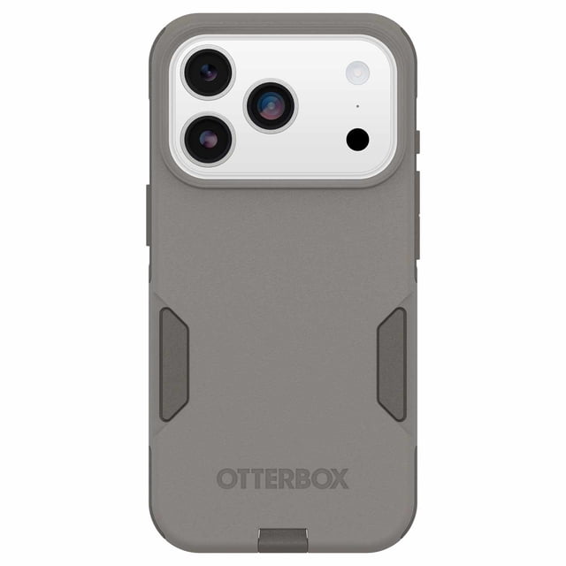 OtterBox Commuter MagSafe Case w/Camera Control Grey Comfort for iPhone 17 Pro featuring a slim, dual-layer Grey Case with a Mat finish, textured side grips, raised camera Bumper, port covers blocking dust, and built-in magnets for MagSafe charging, engineered to exceed 3X military standard drop Testing for rugged protection.