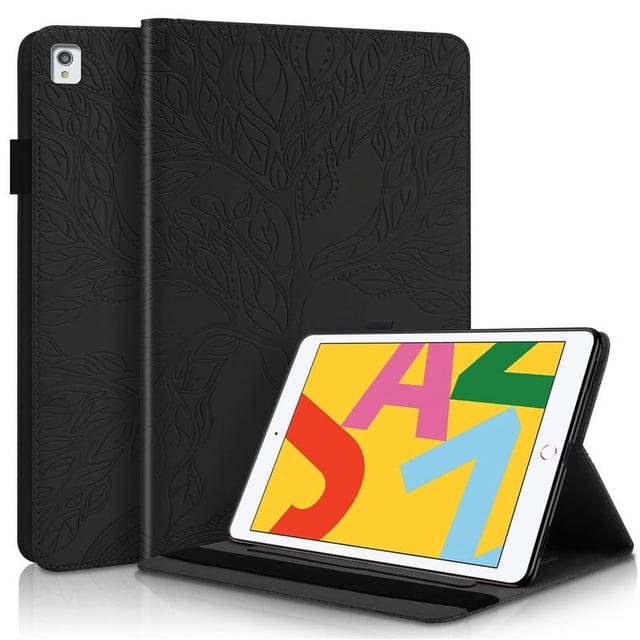 Emboss Tree Leather Flip Case for iPad 10.2 2020 2021 in black, featuring a solid embossed tree design. Made of PU and TPU leather, it offers shockproof, drop resistance, and anti-dust protection. Includes a stand holder and card pocket, compatible with iPad 7th, 8th, 9th, and 10th generations. Suitable as a protective tablet sleeve and displayed with an iPad in a standing position.