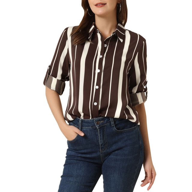 INSPIRE CHIC Chemises à Col à Revers pour Femmes, Boutonnées, Manches Longues Retroussables, m Brun