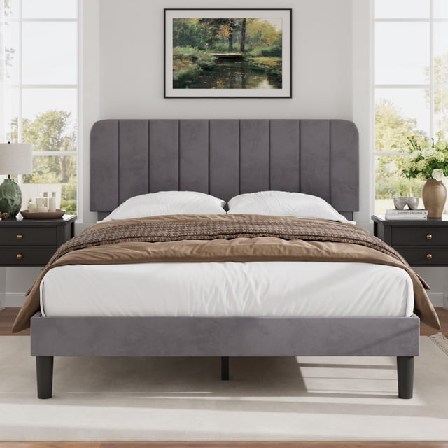 VECELO Queen Size Upholstered Beds, Modern Platform Bed Frame with Adjustable Headboard, Wooden Slats Support/No Box Spring Needed, Dark Grey