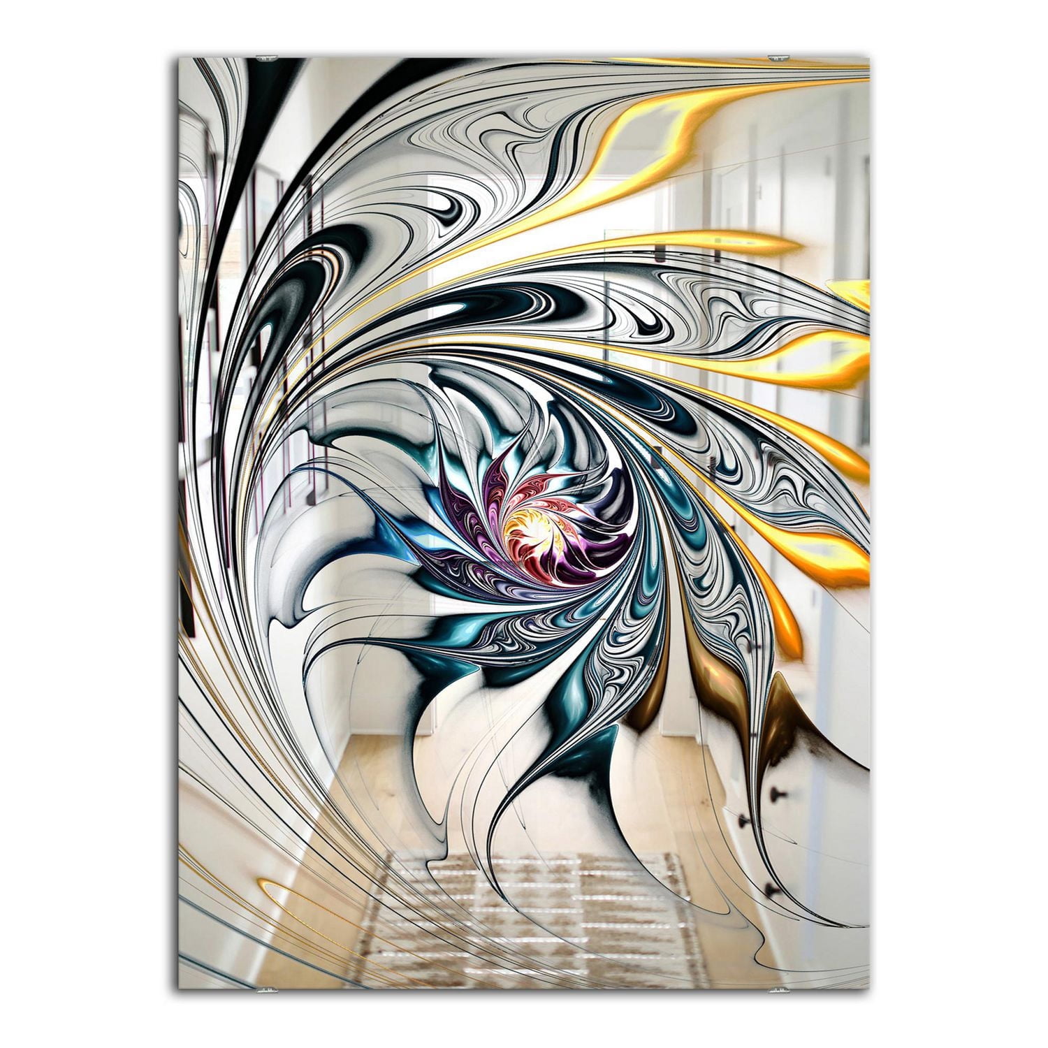 Designart 'White Stained Glass Floral Art' Moderne et Miroir - Miroir Accent - 24x36