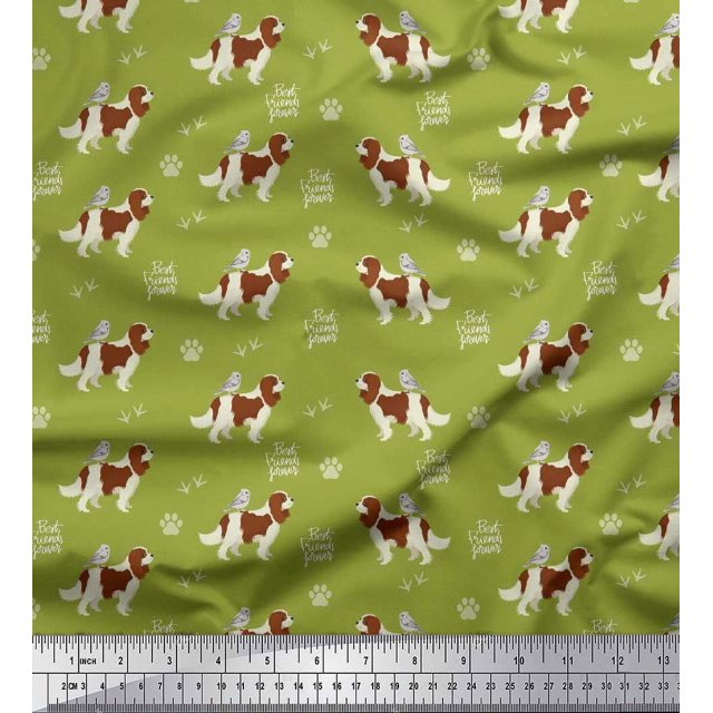 Soimoi Green Poly Georgette Fabric Bird,Paw & Cocker Spaniel Dog Printed Fabric 1 Yard 42 Inch Wide