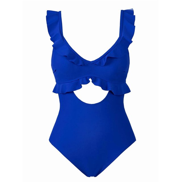 One Piece Swimsuit for Women Tummy Control Ruffle Bathing Suit V Neck Ruched Slimming Cutout Swimwear Royal Blue L