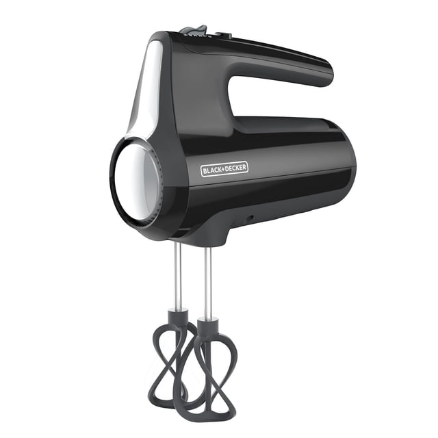 BLACK+DECKER Helix Performance Premium Hand Mixer in black with ergonomic handle, two helix beaters, 5-speed control dial including turbo boost, and brand logo on the side, ideal for mixing batters and doughs in small appliances.