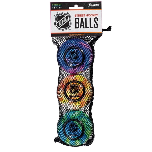 Franklin Sports NHL® Extreme Color Street Hockey Ball Set with three official size 2 5/8” high-density street hockey balls in blue-purple, orange-yellow, and green-blue colors, packed in a black mesh bag with NHL logo and warm weather label, designed for no-bounce control and better passing.