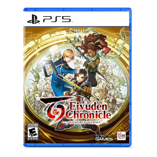 Eiyuden Chronicle: Hundred Heroes PlayStation 5 game cover featuring three central characters wielding weapons in dynamic poses, set within a golden circular frame with a detailed 2D pixel-art background of numerous heroes, and the game title prominently displayed in red and white at the bottom center.