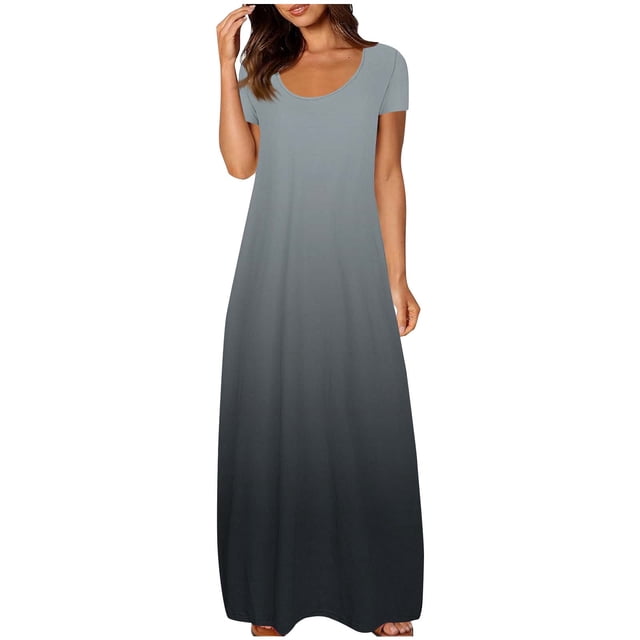 fatyb Robes Maxi à Manches Courtes pour Femmes Col Ras du Cou Décontractées Longues Robes Imprimées Robes T-Shirt d'Été