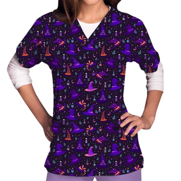 TIMIFIS Scrubs for Women Halloween Tops Skeleton Pumpkin Tops Blouse Ghost Print Uniforms & Scrubs for Women Nurse Stretchy Workwear Holiday Casual Tees Blouse Scrubs Tops with Pockets-Purple