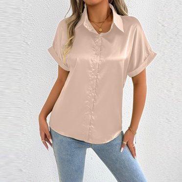 zbxnLI Women's Satin Button down Shirts Casual Short Sleeve Collared Shirt Business Work Blouse Fashion Clothes