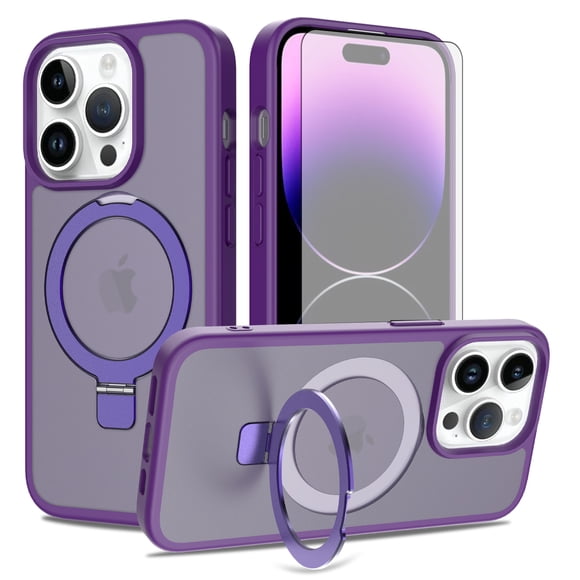 Asuwish Phone Case for iPhone 13 Pro/14 Pro 6.1 inch Tempered Glass Screen Protector Magnetic Folding Stand Frosted Translucent Rugged Shockproof Protective Cell Cover iP13Pro Women Men Deep Purple