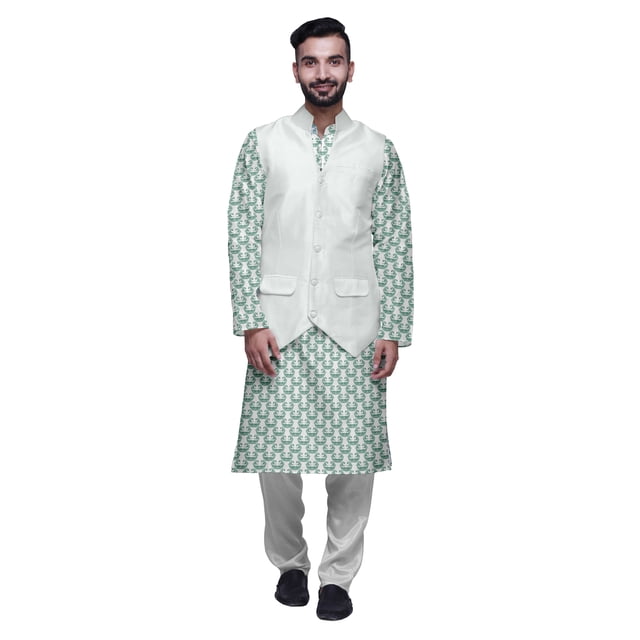 Atasi Traditional Printed Kurta Churidar Pajama Set With Nehru Jacket For Men