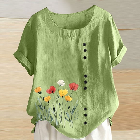 Ichuanyi Women's Summer Casual Linen Shirt Round Neck Printing T-Shirt Loose Short Sleeve Blouse Basic Tops
