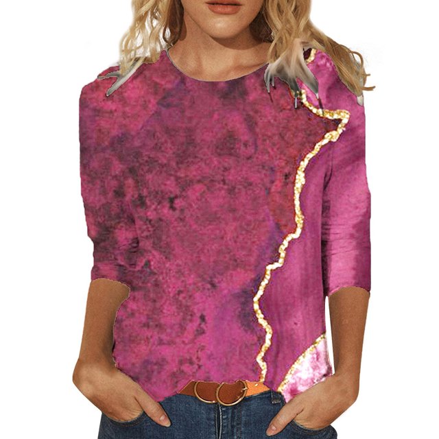 2025 T-Shirt à Col Rond Manches Longues pour Femmes Mi-Long Printemps pour Femmes T-Shirt à Manches Longues en Spandex Hauts Imprimés Décontractés T-Shirt à Manches Longues en Spandex pour Femmes