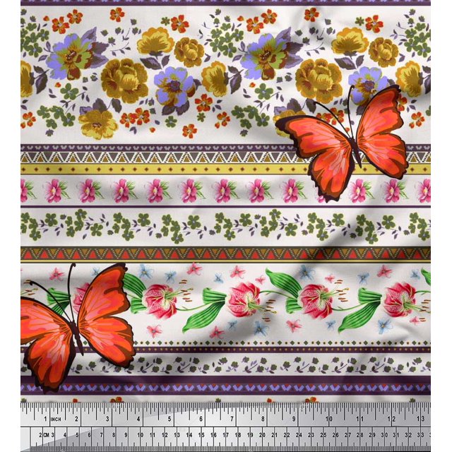 Soimoi Tissu Crêpe Polyester Vert Imprimé Floral & Insecte au Mètre 52 Pouces de Large