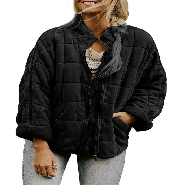 Women Stand Collar Quilted Jackets Long Sleeve Solid Color Full Zip Padded Jackets