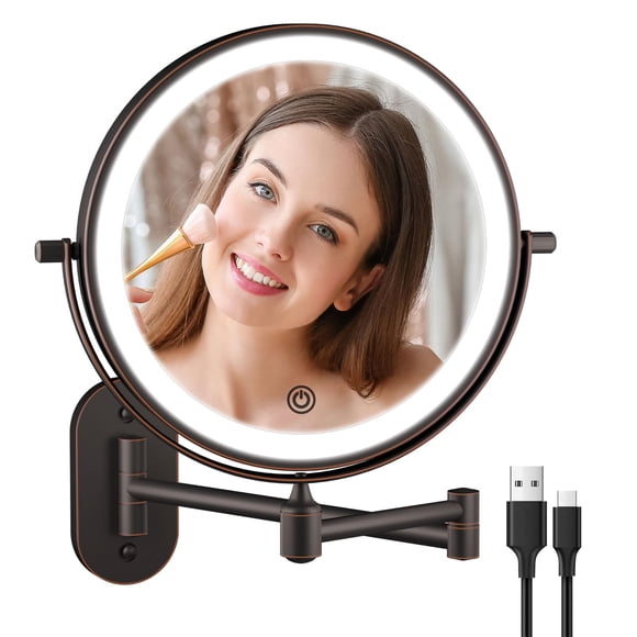 Rechargeable Wall Mounted Lighted Makeup Vanity Mirror 8 Inch Double Sided 1X 10X Magnifying Bathroom Mirror, 3 Color Lighting, Touch Dimming, Extended Arm 360 Rotation