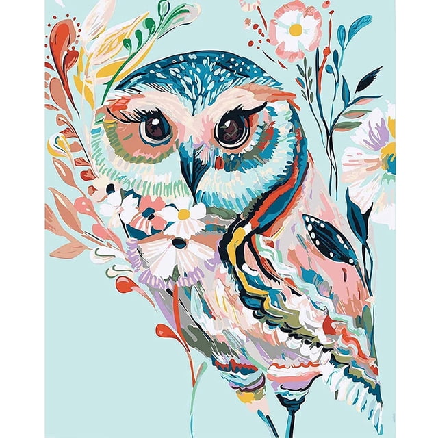Paint By Numbers Kit For Adults Beginner 11X15 Inch by Biinggo. The image displays a completed painting of a colorful owl surrounded by vibrant flowers and foliage on a light blue background. The kit includes step-by-step instructions for matching drill numbers to symbols, applying solid glue with a point drill pen, and securing drills on the canvas. Ideal for DIY crafting and beginner-friendly painting activities.