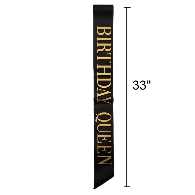 FantastikParty Birthday Queen Sash in black satin with gold glitter BIRTHDAY QUEEN lettering, 33 inches long, designed for birthday party wearables to highlight the guest of honor and suitable as a keepsake.