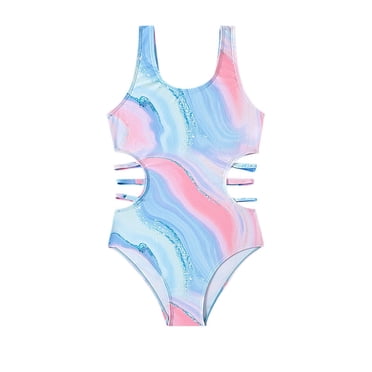 GDREDA One Piece Shorts Swimsuit Girls 1 Piece Swimsuit Cut Out Swimwear Summer Tie Dye Beach Sport Bathing Cute Tankini Swimsuits for Girl Blue,7-8 Years