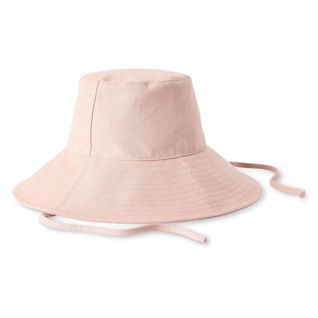 Time and Tru Chapeau Bob en Coton pour Femme Rose Pâle à Grand Bord et Dessus Plat, Fabriqué en Tissu 100 % Coton Respirant, avec Sangles de Menton à Nouer pour un Ajustement Sécuritaire, Idéal pour la protection Solaire Lors des Activités de Plein Air et des Tenues Décontractées.